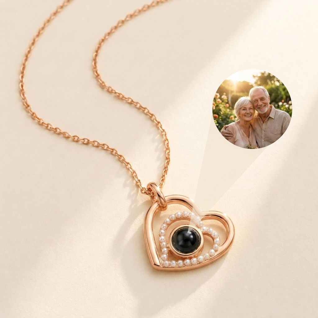 Custom Photo Necklace Heart Locket hero photo - rose gold heart pendant with pearl inner heart and photo projection stone Anthology Jewelry