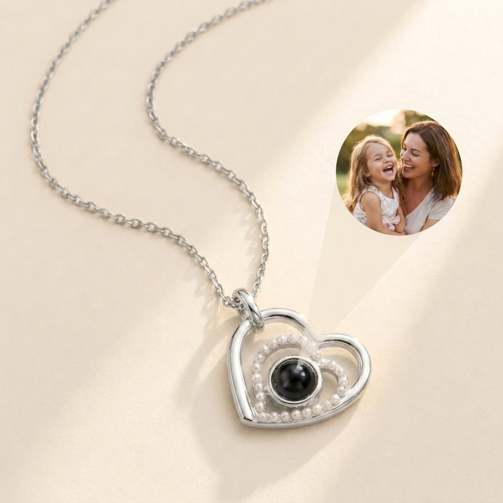 Custom Photo Necklace Heart Locket hero photo - sterling silver heart pendant with pearl inner heart and photo projection stone Anthology Jewelry