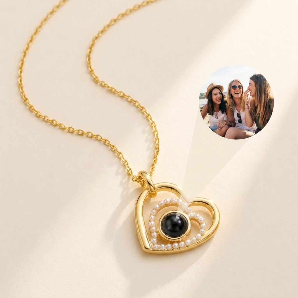 Custom Photo Necklace Heart Locket hero photo - gold heart pendant with pearl inner heart and photo projection stone Anthology Jewelry