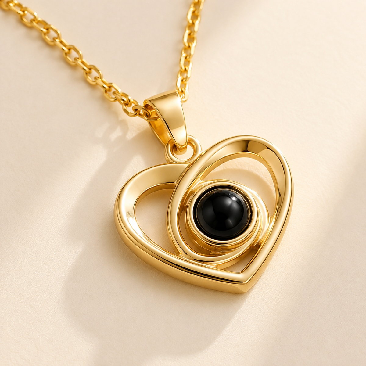 Custom Photo Necklace Infinity Heart Pendant detail photo - close-up of double heart pendant and photo projection stone Anthology Jewelry
