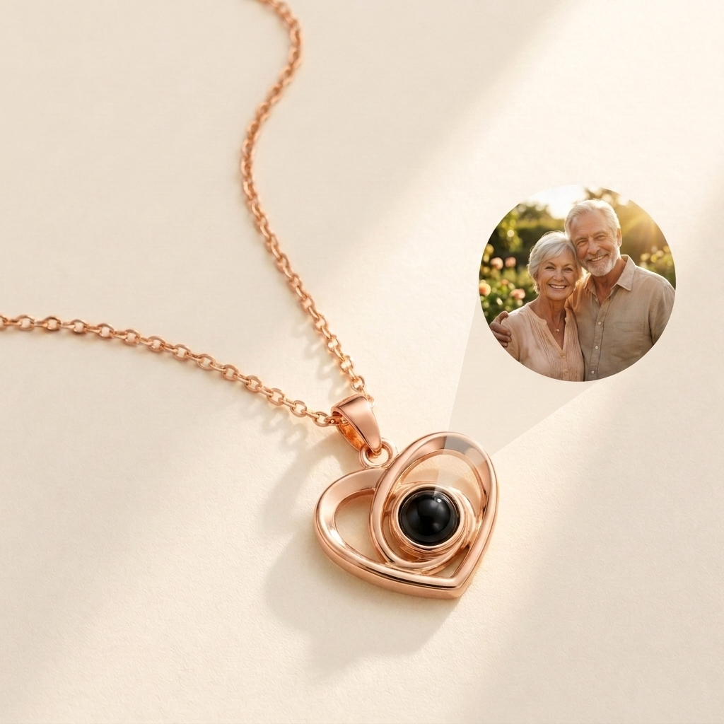 Custom Photo Necklace Infinity Heart Pendant hero photo - rose gold double heart pendant with photo projection stone Anthology Jewelry