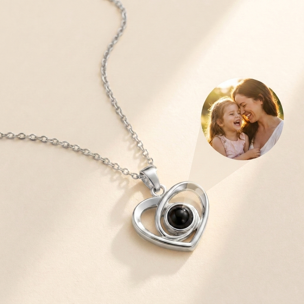 Custom Photo Necklace Infinity Heart Pendant hero photo - sterling silver double heart pendant with photo projection stone Anthology Jewelry