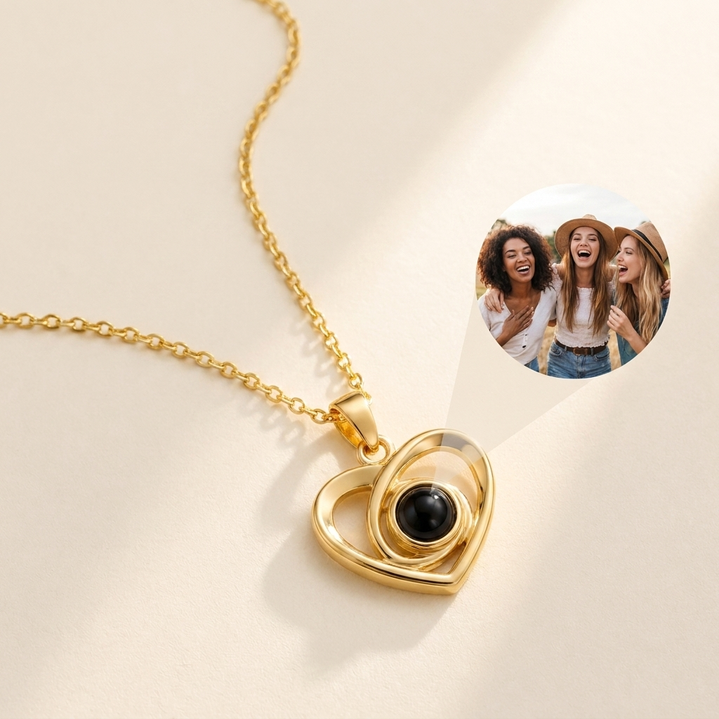 Custom Photo Necklace Infinity Heart Pendant hero photo - gold double heart pendant with photo projection stone on cream background Anthology Jewelry