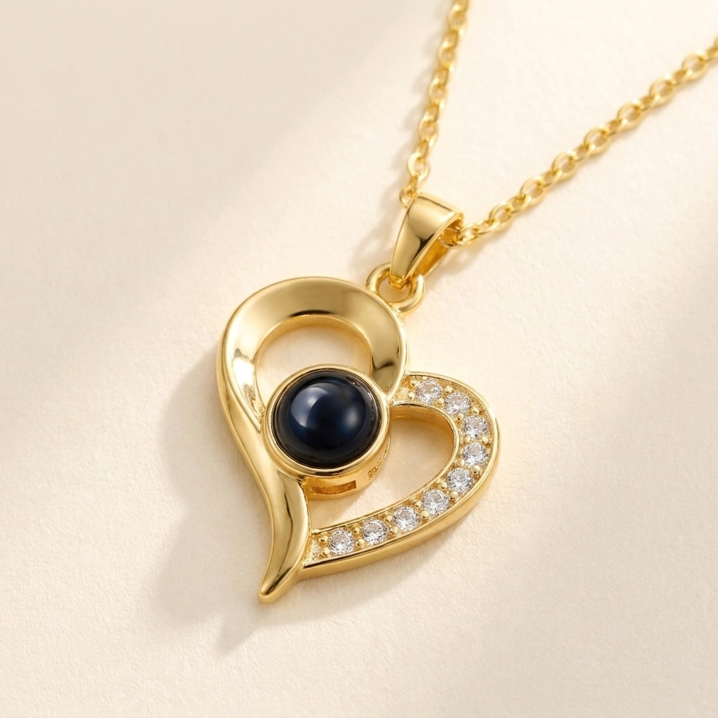 Custom Photo Necklace Open Heart detail photo - close-up of pave crystals and photo projection stone Anthology Jewelry