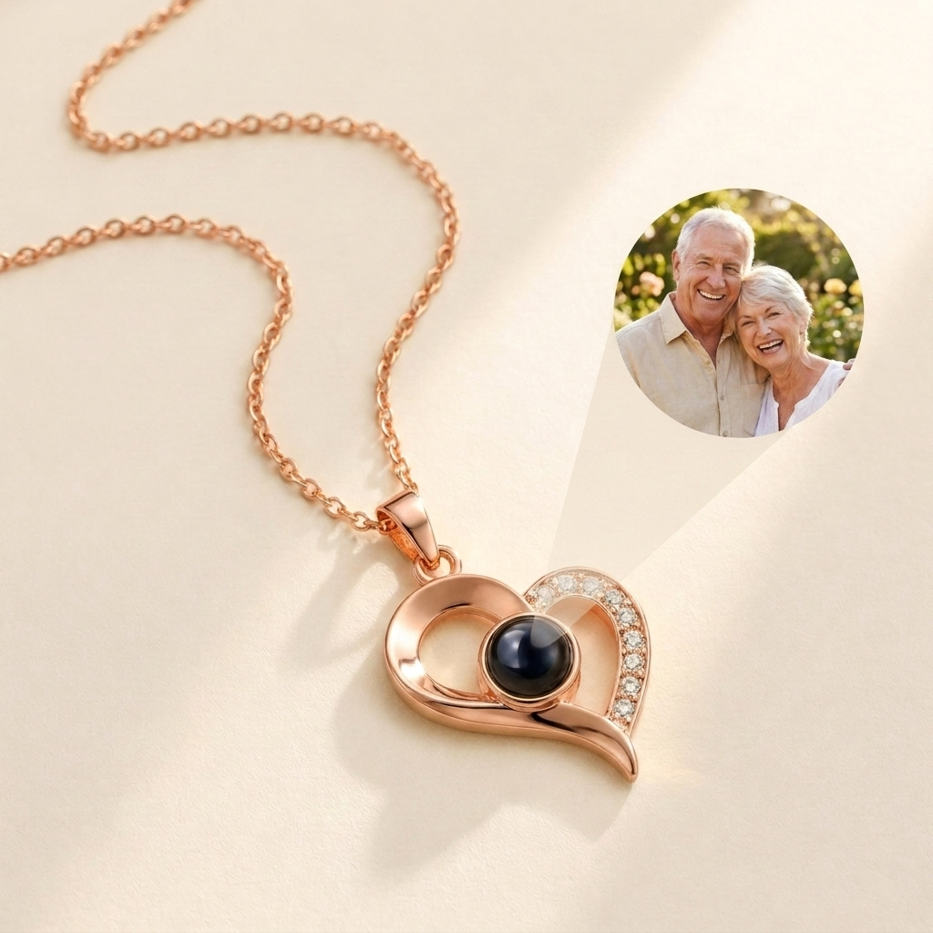 Custom Photo Necklace Open Heart hero photo - rose gold open heart pendant with photo projection stone Anthology Jewelry