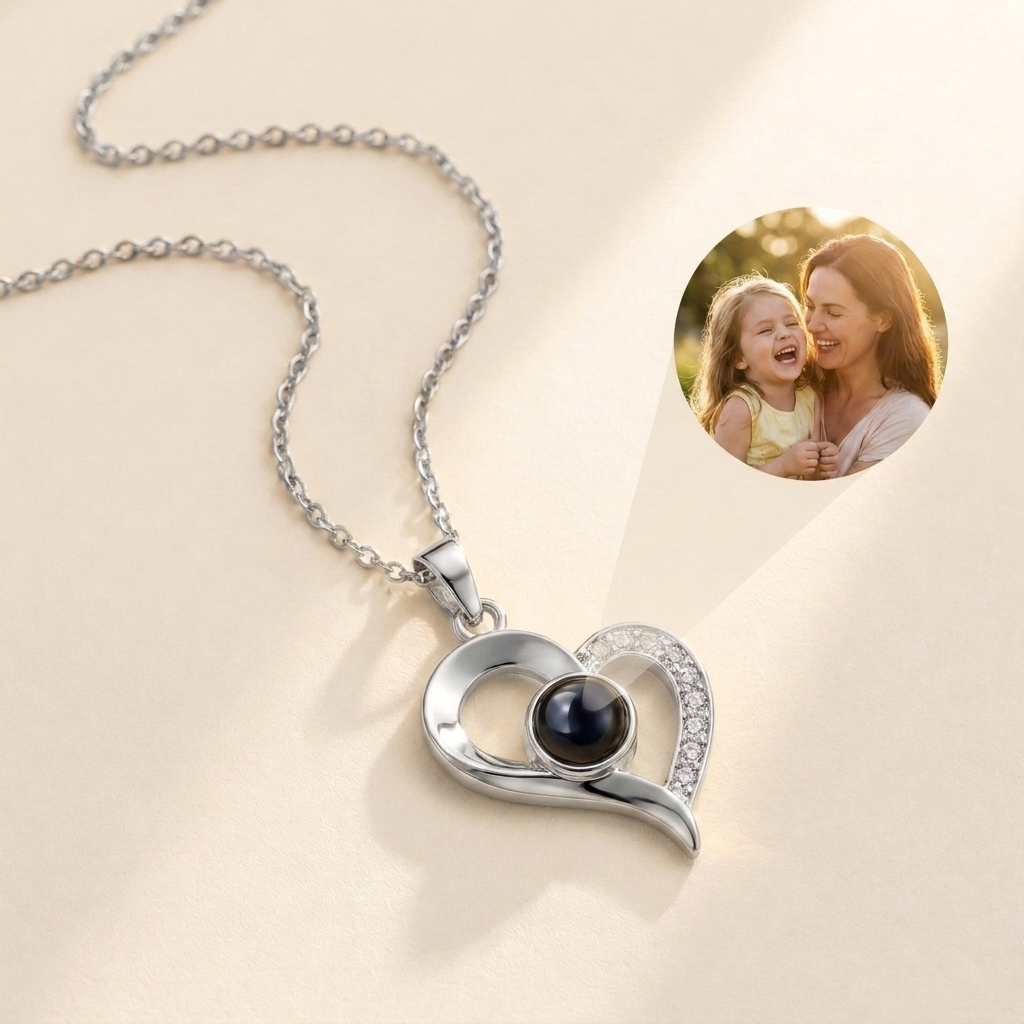 Custom Photo Necklace Open Heart hero photo - sterling silver open heart pendant with photo projection stone Anthology Jewelry