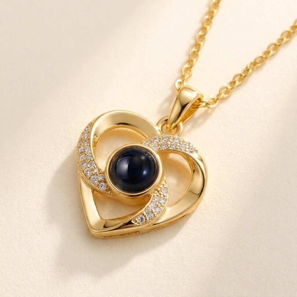 Custom Photo Necklace Swirl Heart Pendant detail photo - close-up of interlocking ribbons and photo projection stone Anthology Jewelry