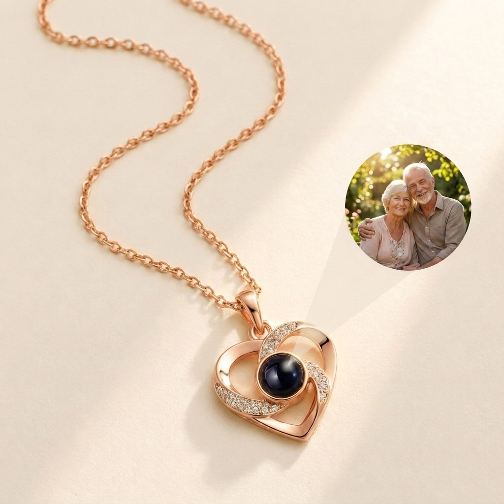 Custom Photo Necklace Swirl Heart Pendant hero photo - rose gold swirl heart pendant with photo projection stone Anthology Jewelry