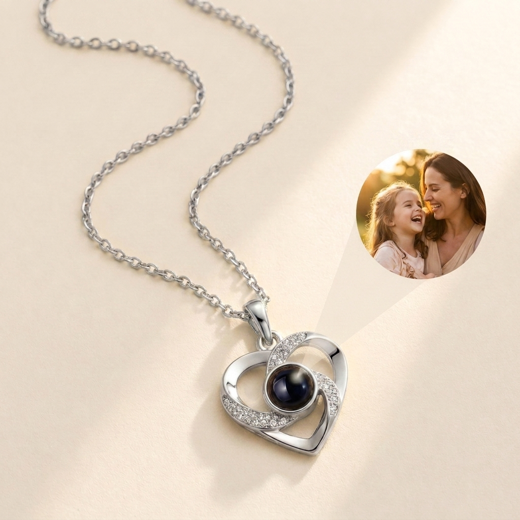 Custom Photo Necklace Swirl Heart Pendant hero photo - sterling silver swirl heart pendant with photo projection stone Anthology Jewelry