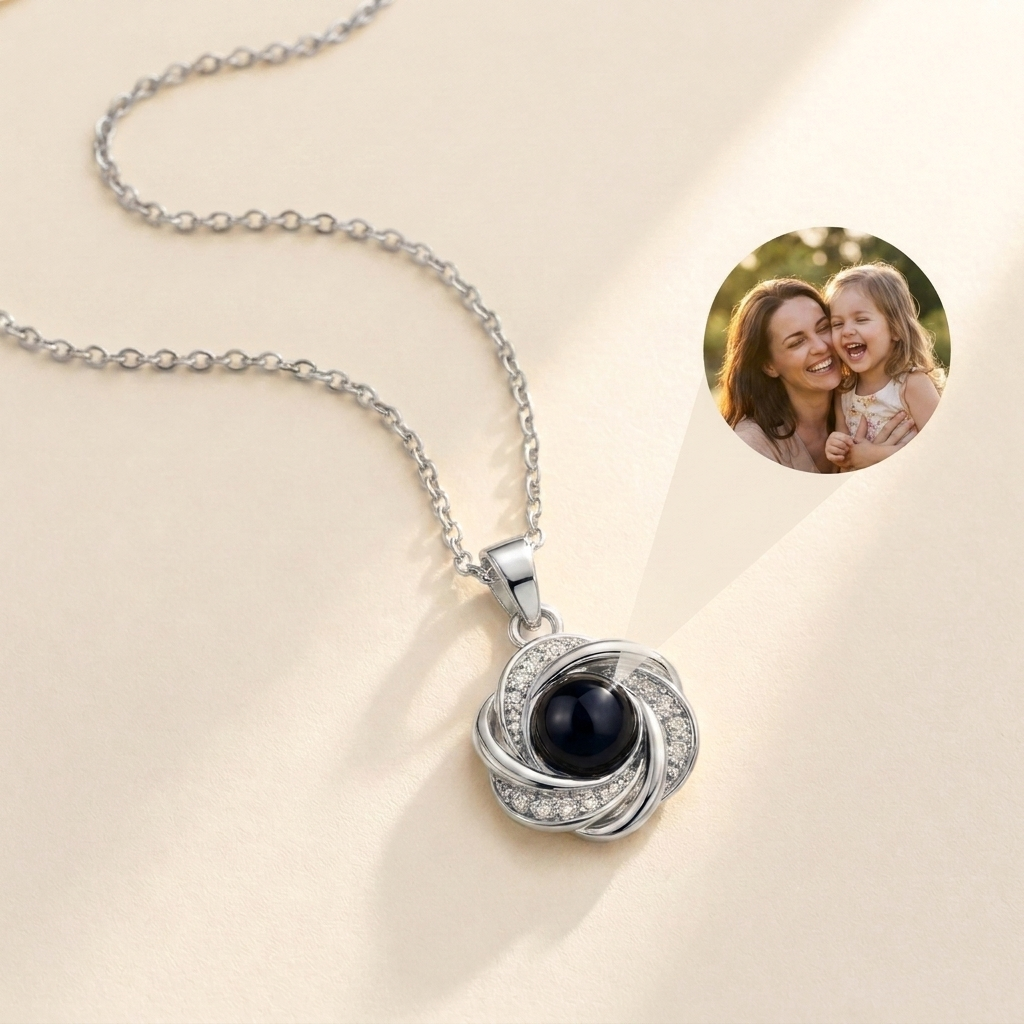 Custom Photo Necklace Swirl Knot Pendant hero photo - sterling silver love-knot pendant with photo projection stone Anthology Jewelry
