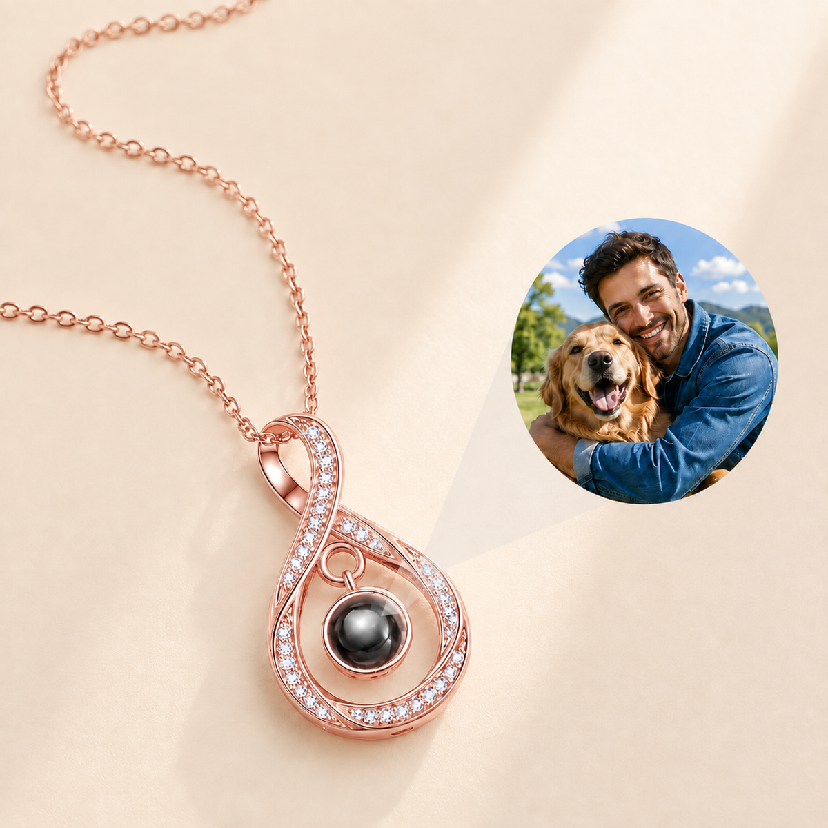 Custom Photo Necklace Teardrop Infinity Pendant hero photo - rose gold teardrop infinity pendant with photo projection stone Anthology Jewelry