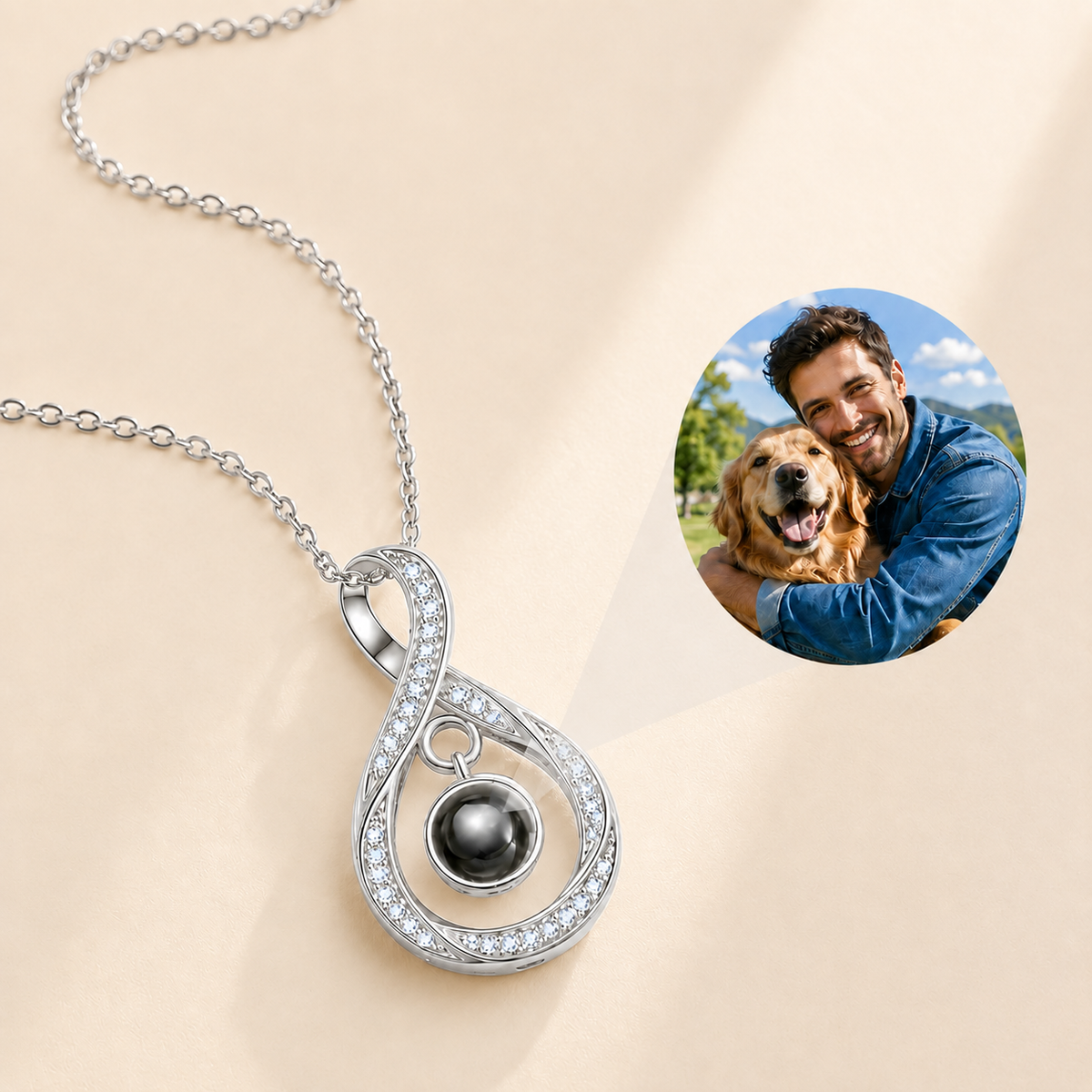 Custom Photo Necklace Teardrop Infinity Pendant hero photo - sterling silver teardrop infinity pendant with photo projection stone Anthology Jewelry