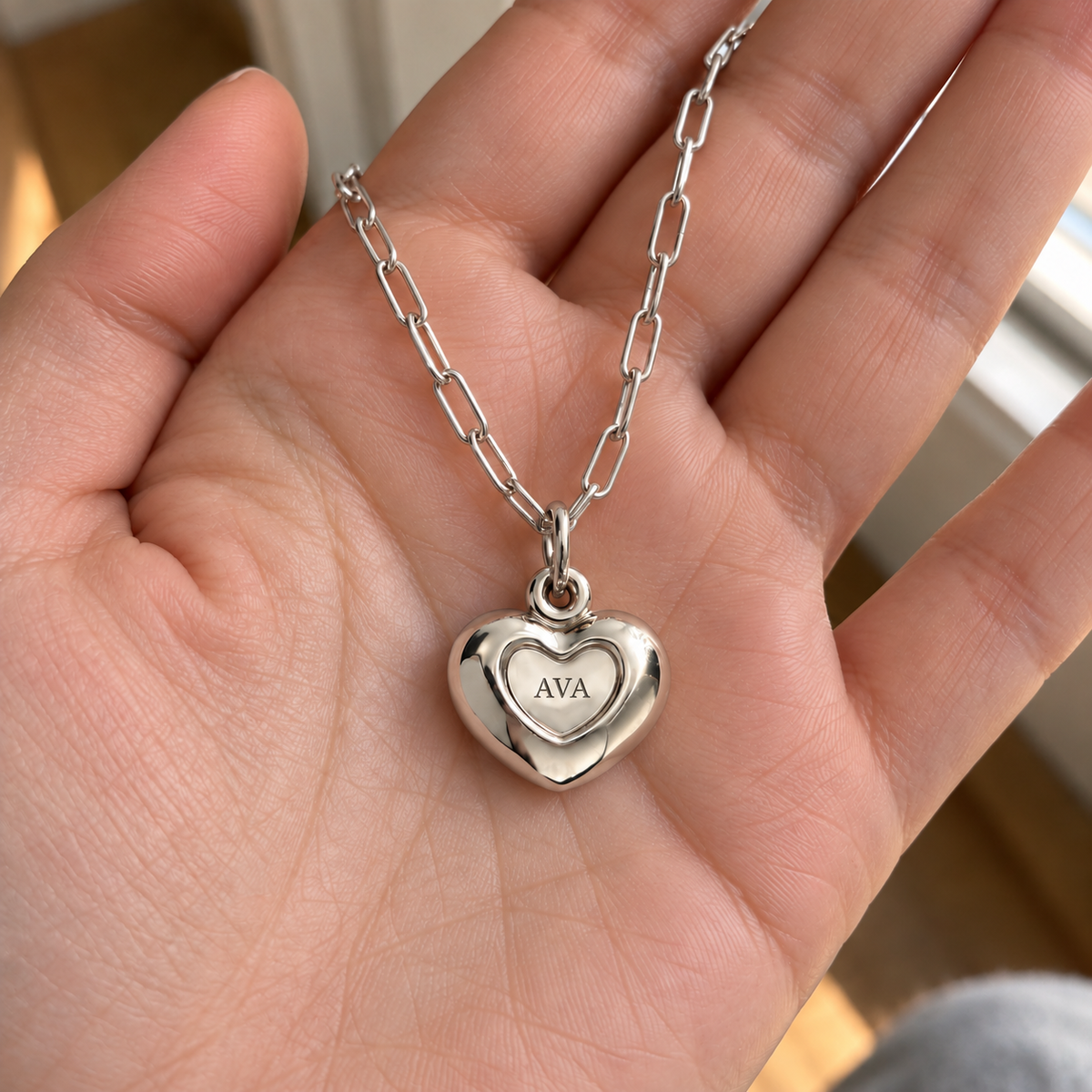 Custom Puffy Heart Necklace UGC-style photo - silver finish with AVA personalization Anthology Jewelry