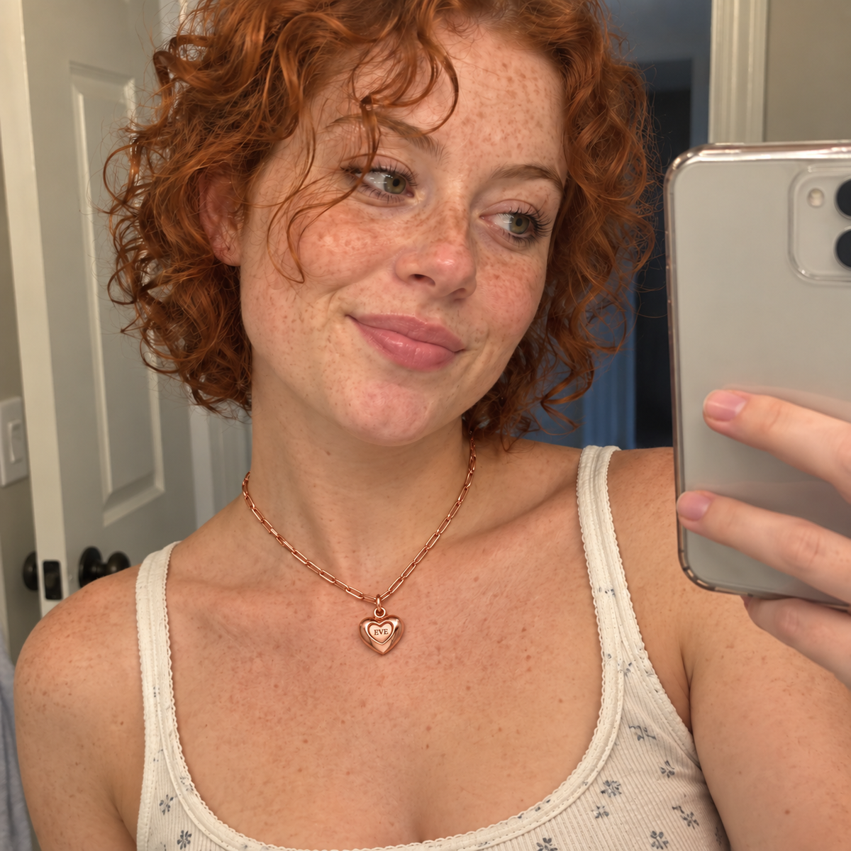 Custom Puffy Heart Necklace UGC-style photo - rose gold finish with EVE personalization Anthology Jewelry