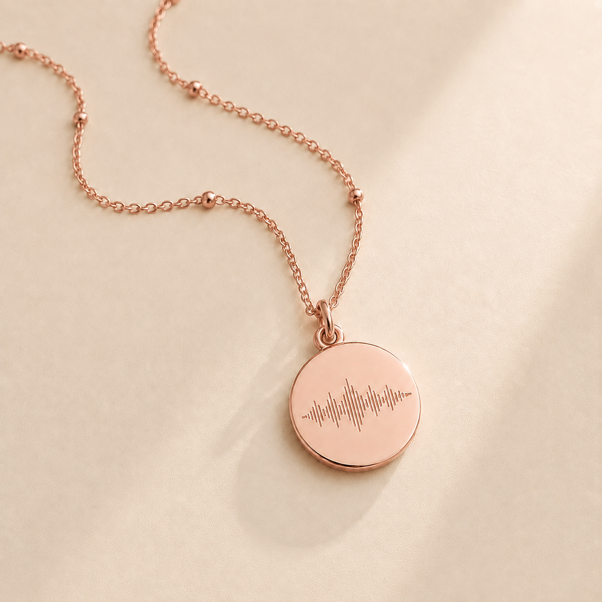 Custom Soundwave Necklace Disc Pendant alternate angle detail - engraved soundwave disc Anthology Jewelry