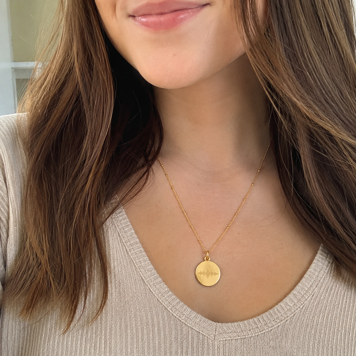 Custom Soundwave Necklace gold pendant worn on model - Anthology Jewelry