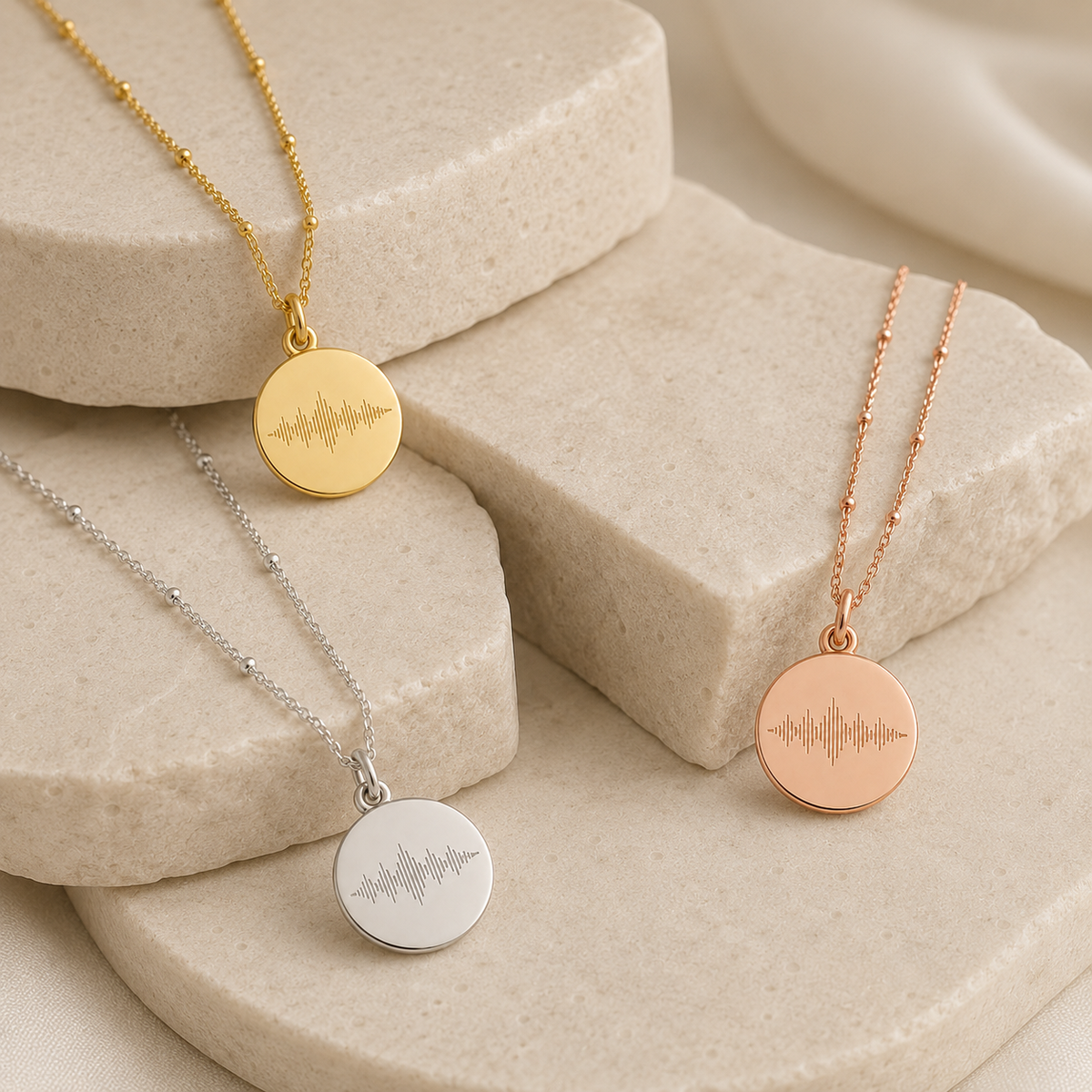 Custom Soundwave Necklace shown in gold, silver, and rose gold finishes - Anthology Jewelry