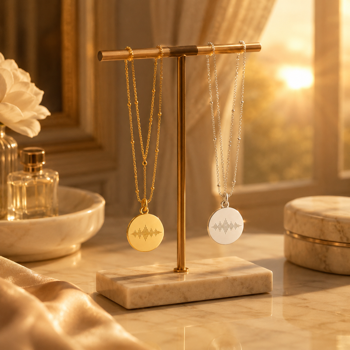 Custom Soundwave Necklace displayed on jewelry stand - Anthology Jewelry