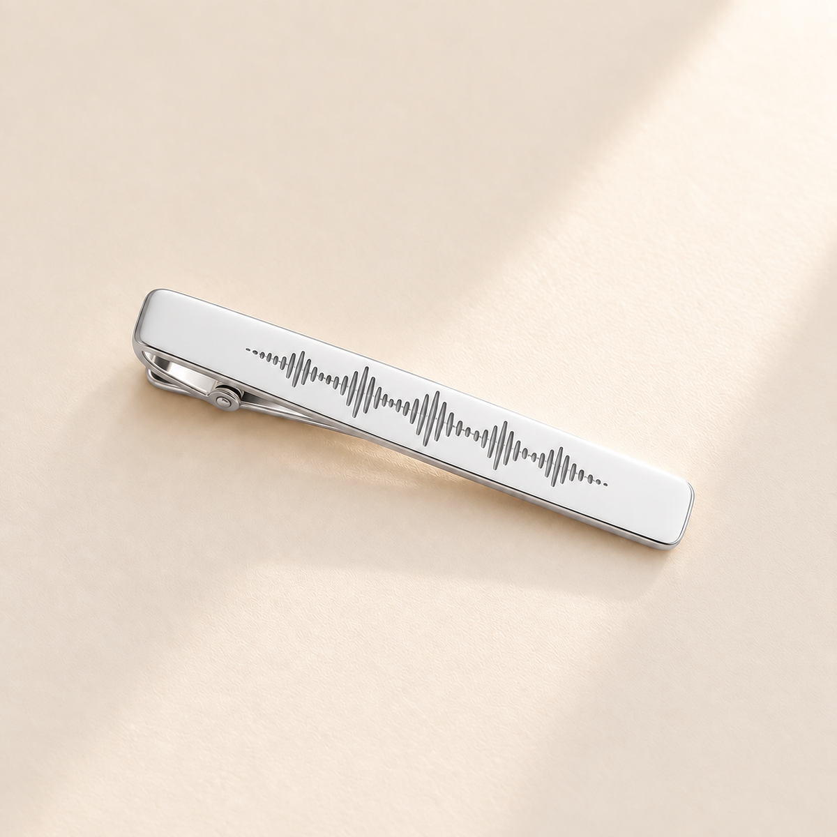 Custom Soundwave Tie Clip hero silver photo - silver tie clip with soundwave engraving Anthology Jewelry