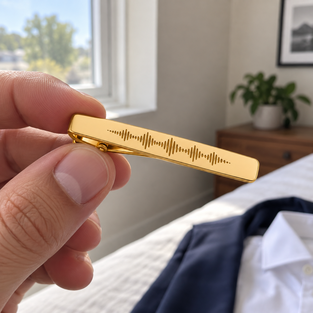 Custom Soundwave Tie Clip ugc 2 photo - gold soundwave tie clip held by window Anthology Jewelry