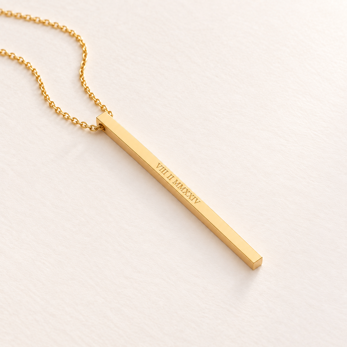 Custom Thin Column Necklace glamour photo - gold column pendant lying on cream surface Anthology Jewelry