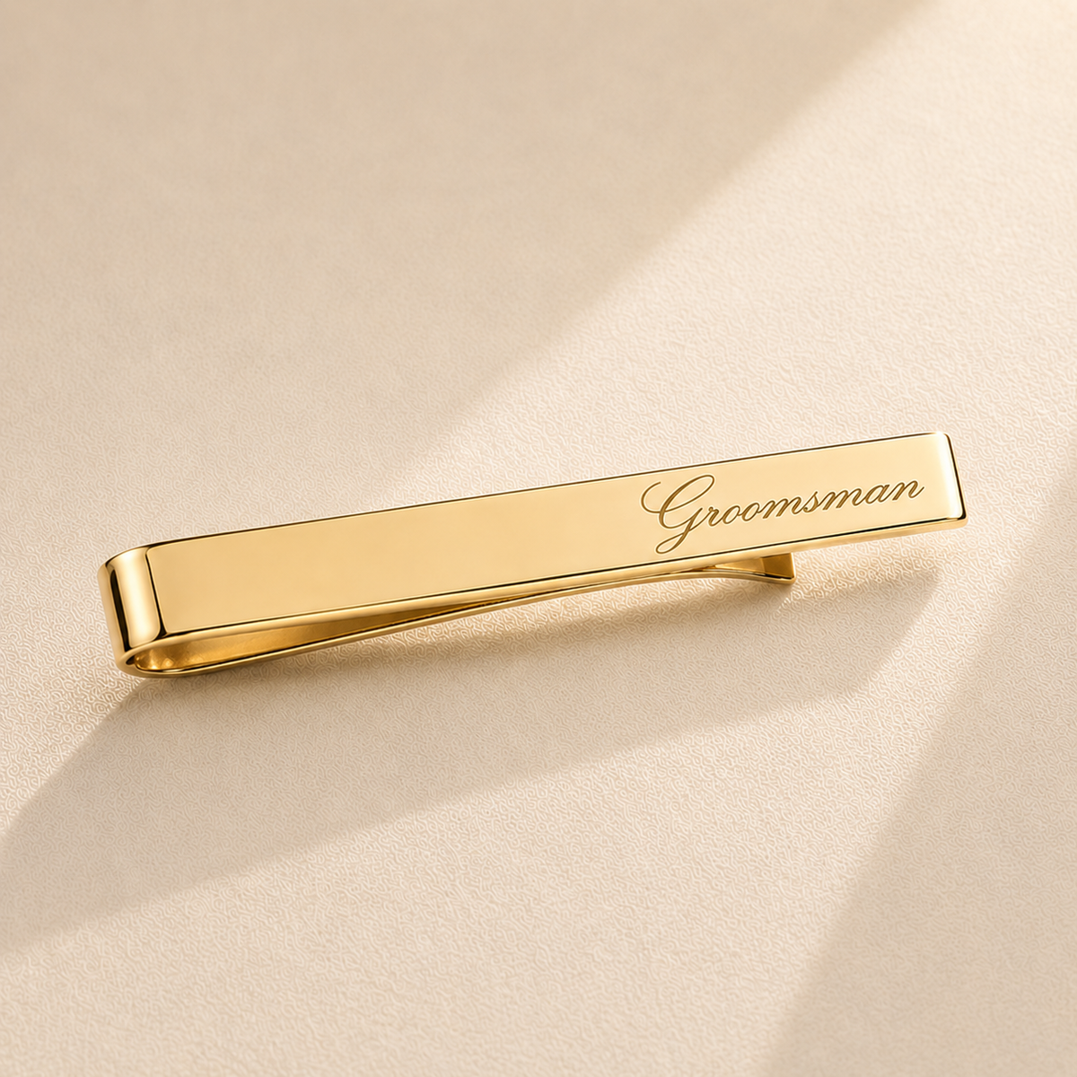 Custom tie clip displayed in a groomsman gift box