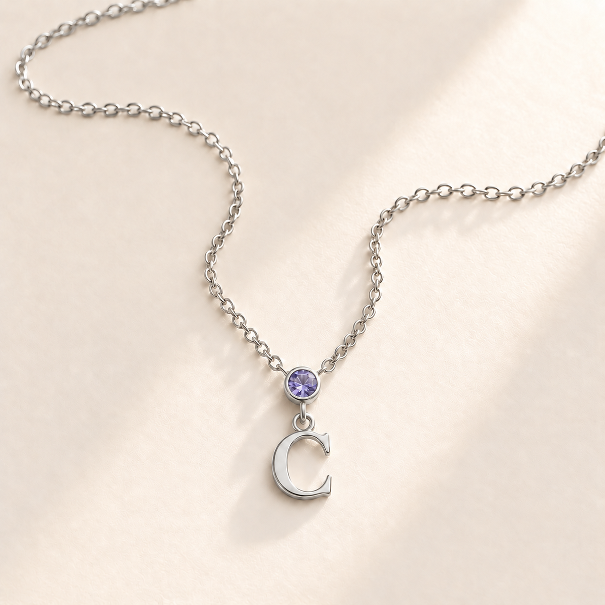 Custom Vertical Birthstone Initial Necklace june silver birthstone photo - round inline stone with hanging serif C Anthology Jewelry