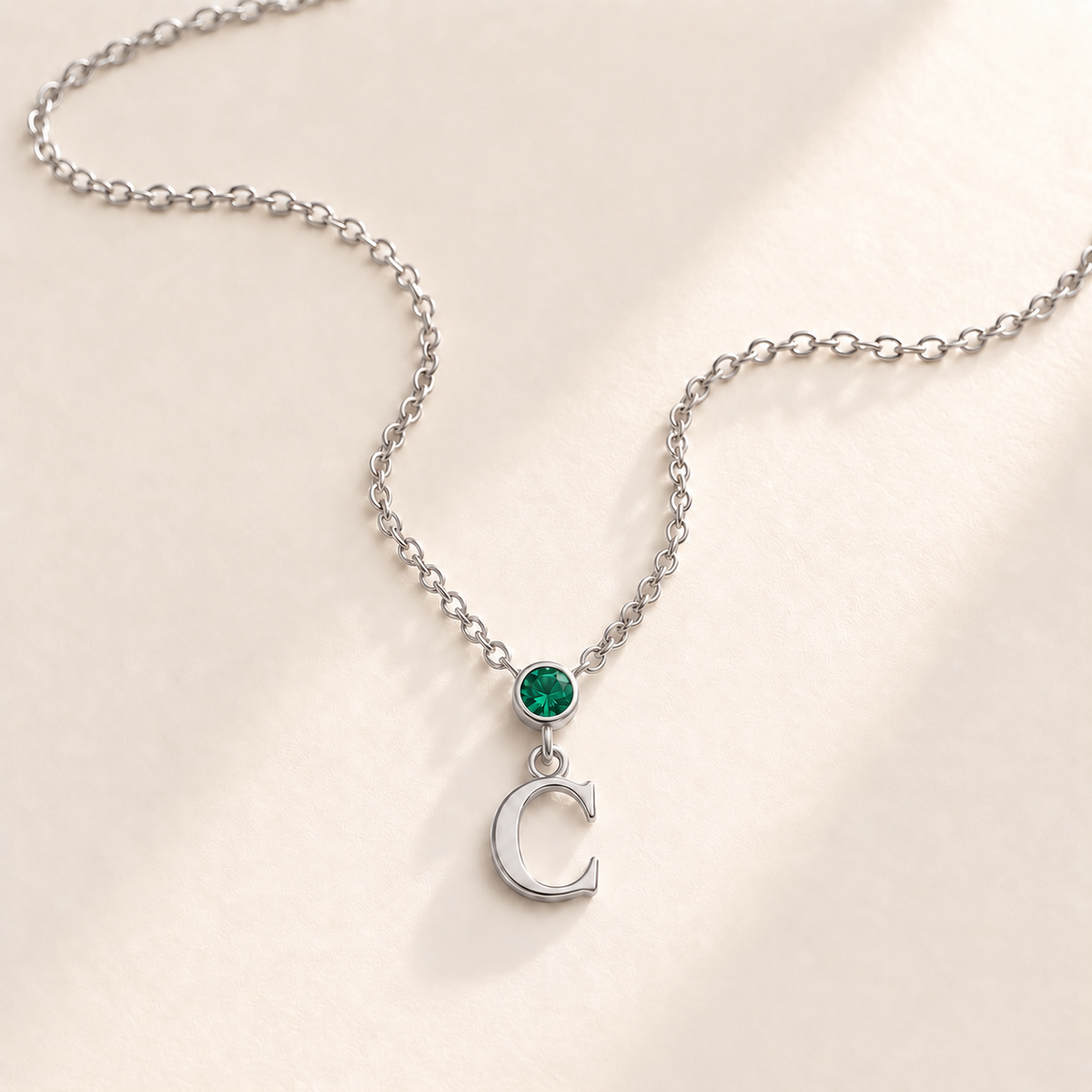 Custom Vertical Birthstone Initial Necklace may silver birthstone photo - round inline stone with hanging serif C Anthology Jewelry