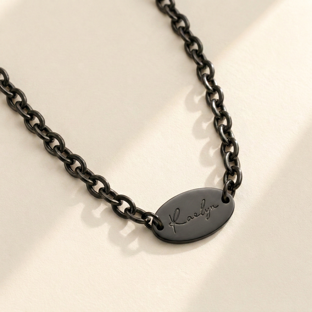 Custom Vintage Link Necklace black pendant close up - engraved black vintage chain necklace Anthology Jewelry
