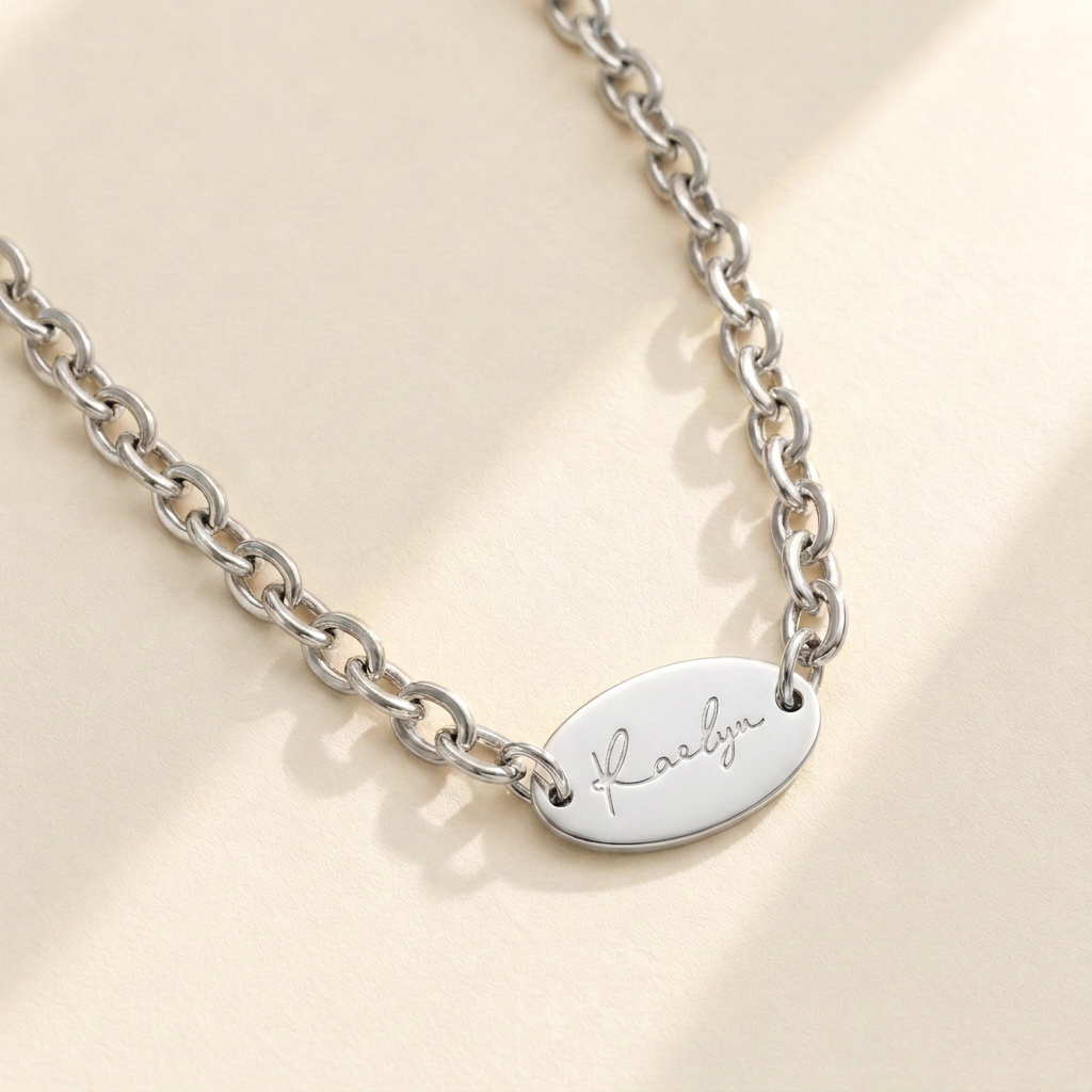 Custom Vintage Link Necklace silver pendant close up - engraved silver vintage chain necklace Anthology Jewelry
