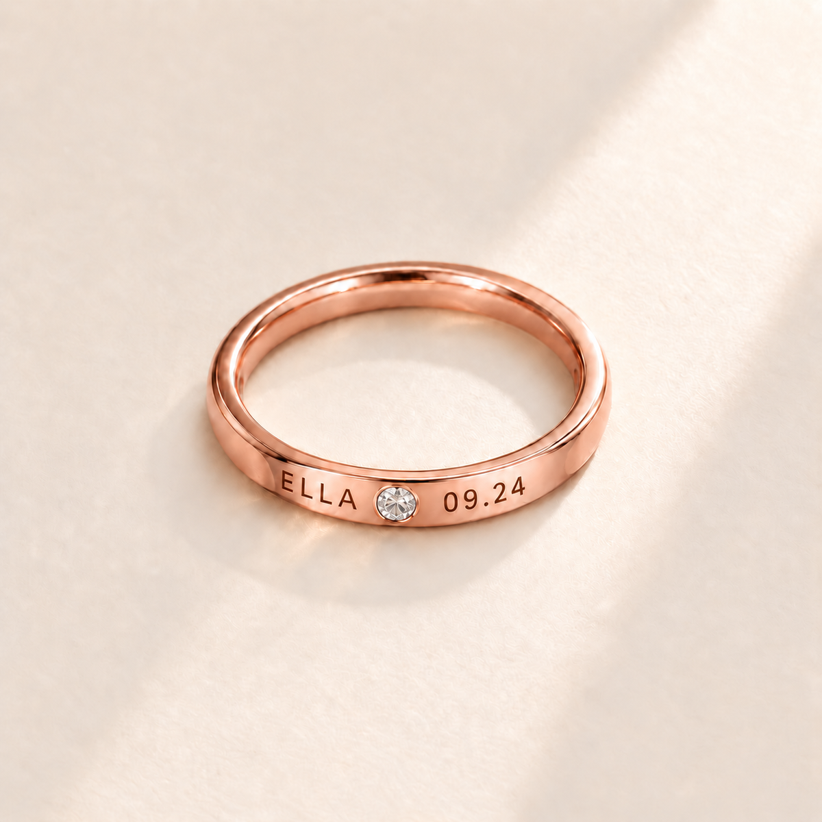 Custom Date & Name Birthstone Stacking Ring, April Diamond, Rose Gold finish. Illustrative product rendering; natural gemstone colors may vary.