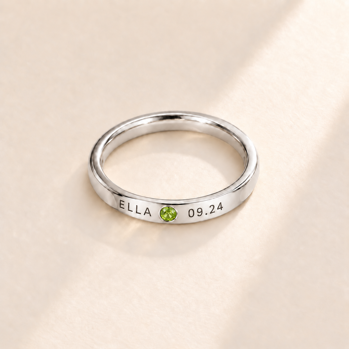 Custom Date & Name Birthstone Stacking Ring, August Peridot, Silver finish. Illustrative product rendering; natural gemstone colors may vary.