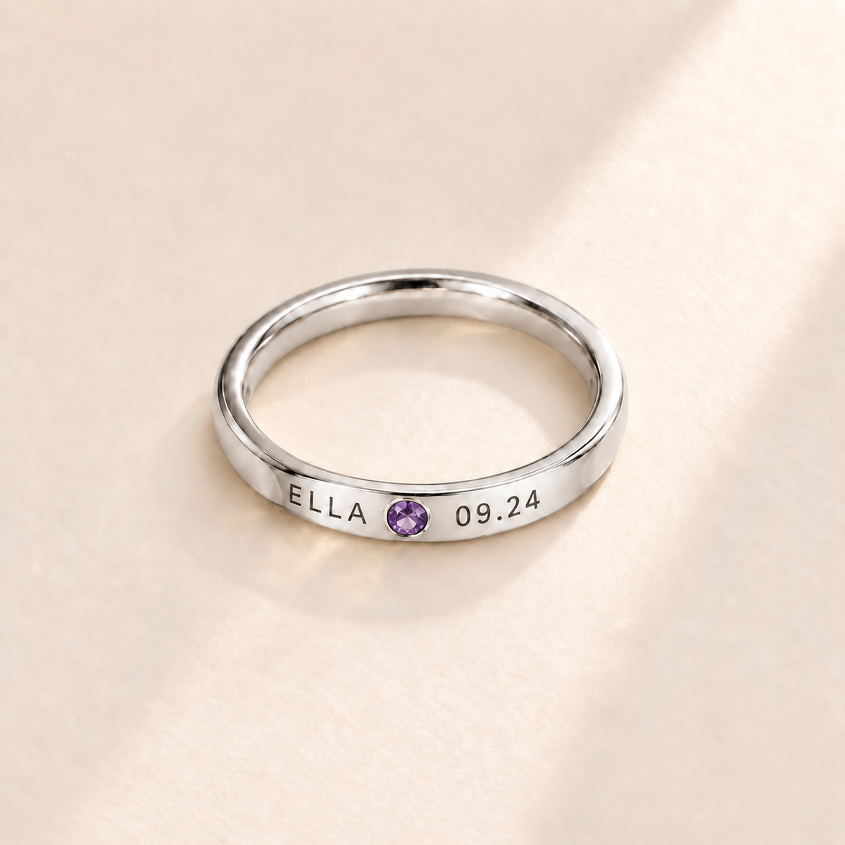 Custom Date & Name Birthstone Stacking Ring, February Amethyst, Silver finish. Illustrative product rendering; natural gemstone colors may vary.