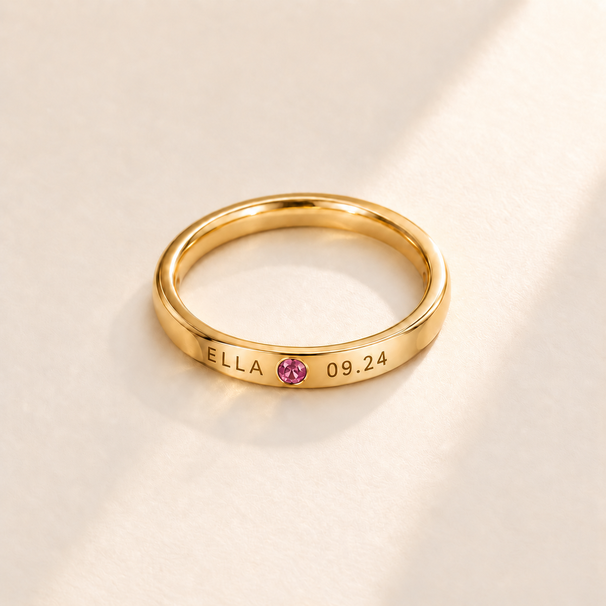 Custom Date & Name Birthstone Stacking Ring, October Tourmaline, Gold finish. Illustrative product rendering; natural gemstone colors may vary.