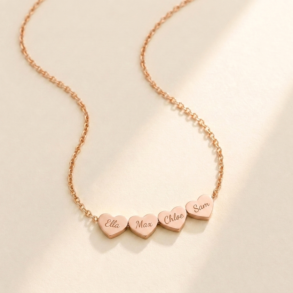 Generations Heart Necklace hero photo - rose gold multi-heart necklace engraved with Ella, Max, Chloe and Sam Anthology Jewelry