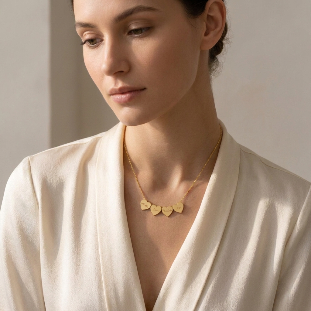 Generations Heart Necklace lifestyle photo - worn gold multi-heart necklace on model Anthology Jewelry