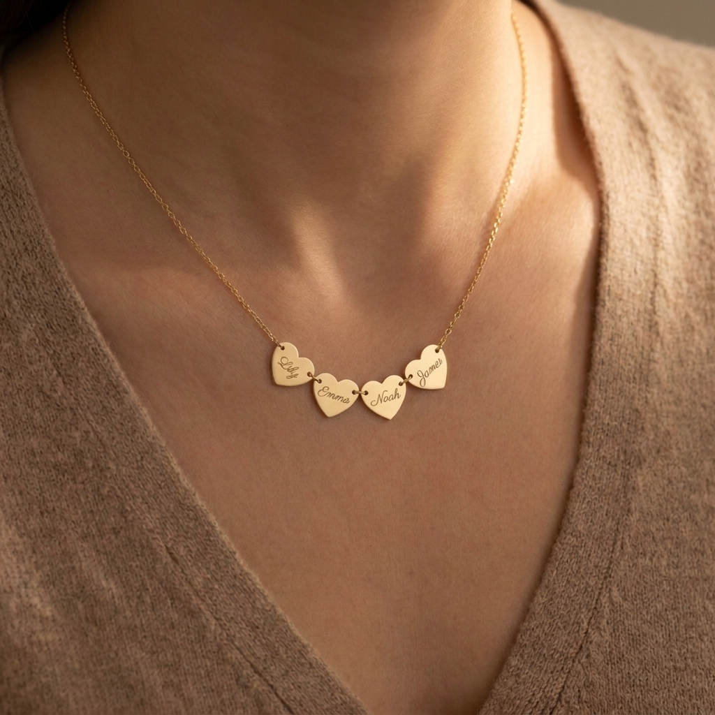 Generations Heart Necklace lifestyle photo - worn gold multi-heart necklace alternate angle Anthology Jewelry