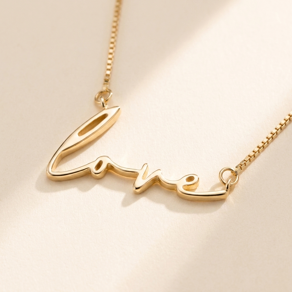 "Love" Necklace detail photo - close-up of polished gold script lettering Anthology Jewelry