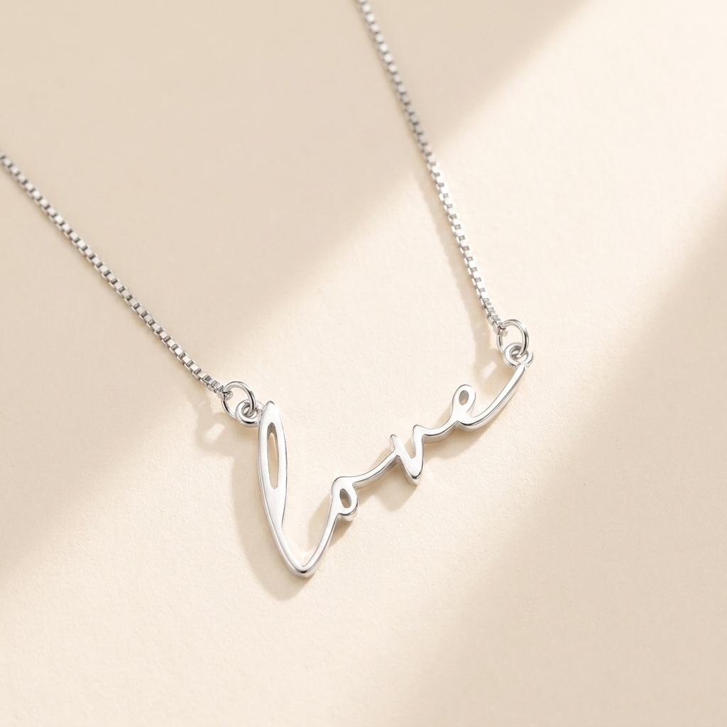 "Love" Necklace hero photo - sterling silver script cutout pendant on cream background Anthology Jewelry