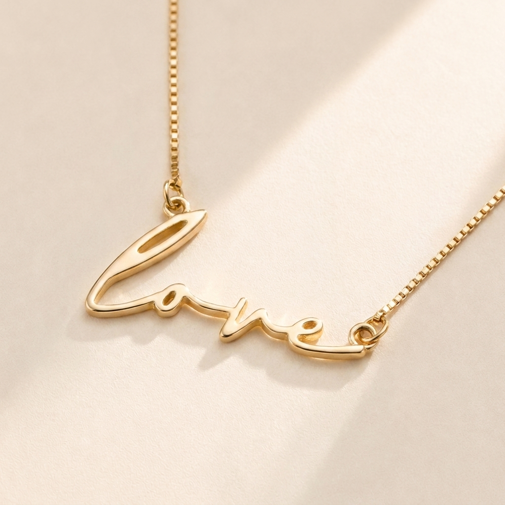 "Love" Necklace hero photo - gold script cutout pendant on cream background Anthology Jewelry