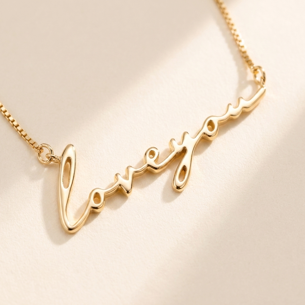 "Loveyou" Necklace detail photo - close-up of polished gold script lettering Anthology Jewelry
