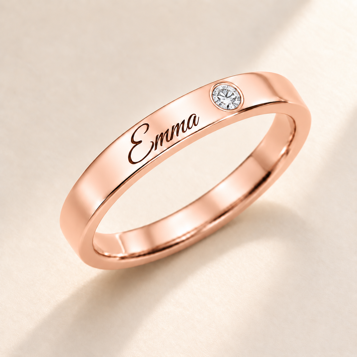 Name Ring with Birthstone (Classic Band) variant photo - rose gold april birthstone and Emma engraving Anthology Jewelry