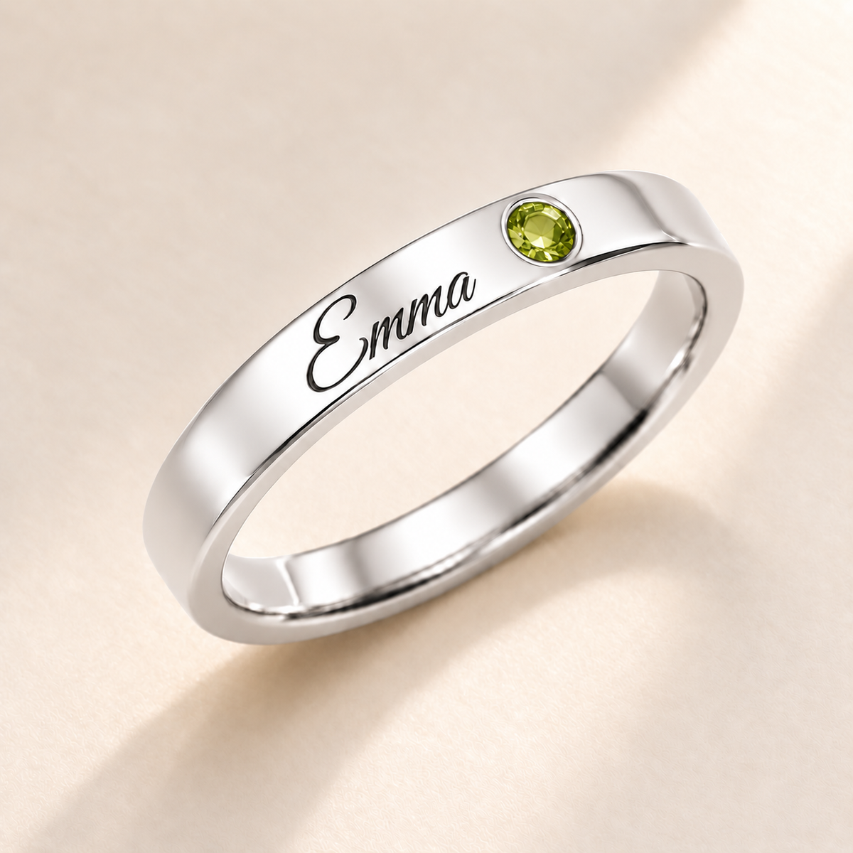 Name Ring with Birthstone (Classic Band) variant photo - silver august birthstone and Emma engraving Anthology Jewelry
