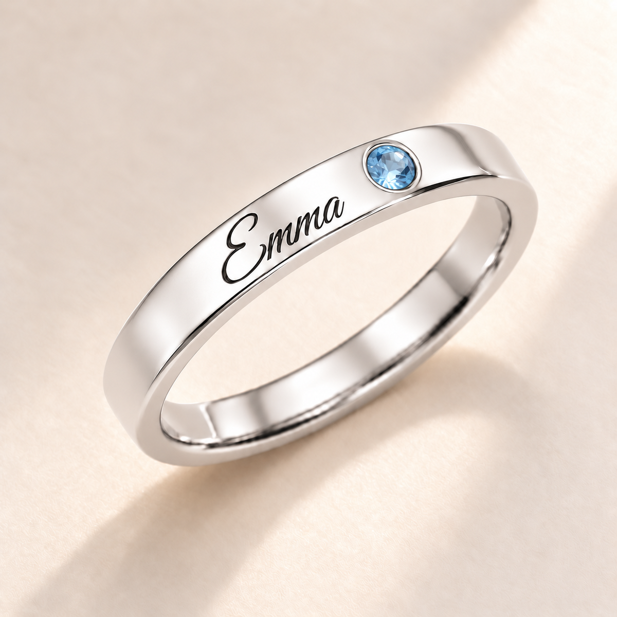 Name Ring with Birthstone (Classic Band) variant photo - silver December Blue Topaz and Emma engraving Anthology Jewelry