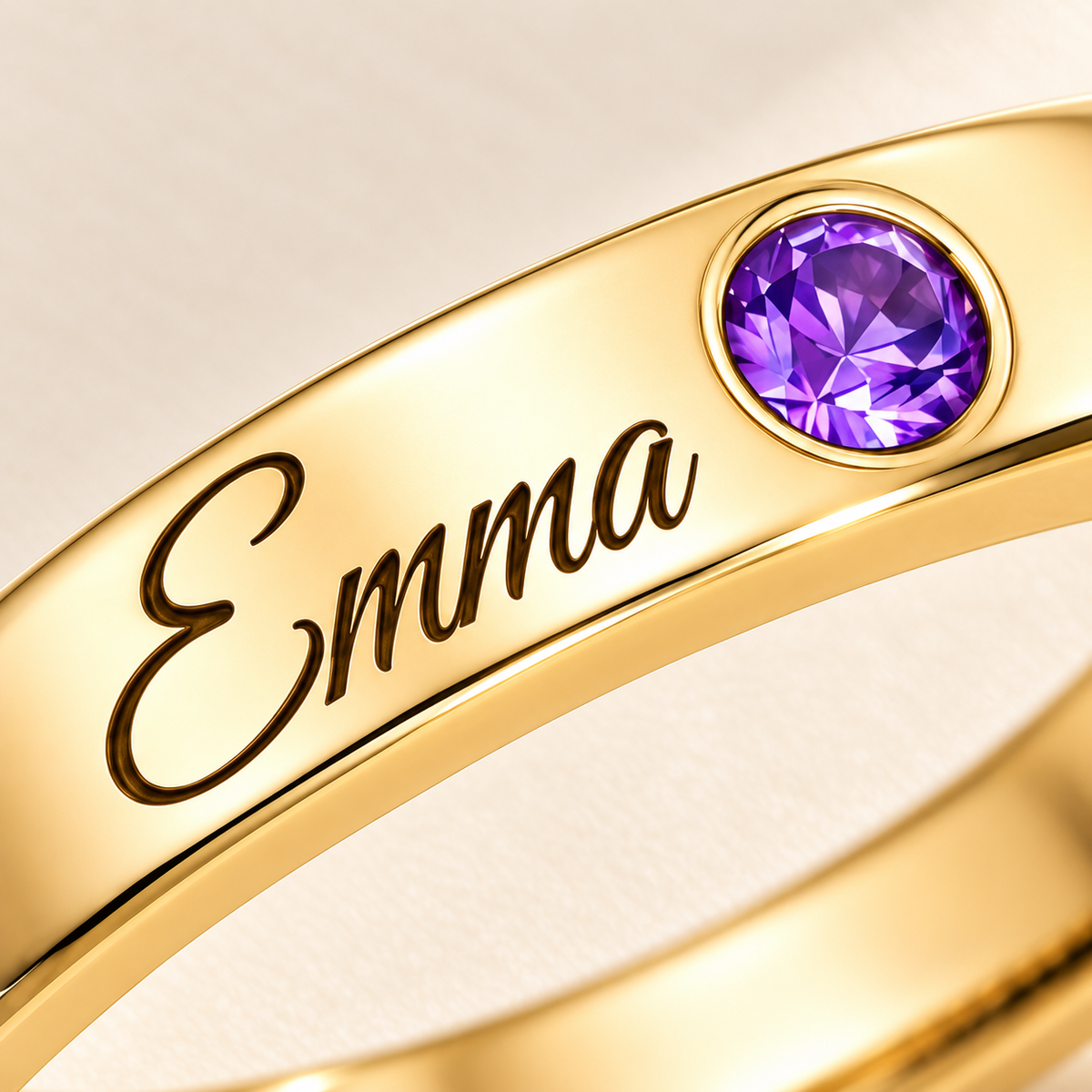 Name Ring with Birthstone (Classic Band) detail photo - tight gold Emma engraving and February amethyst closeup Anthology Jewelry