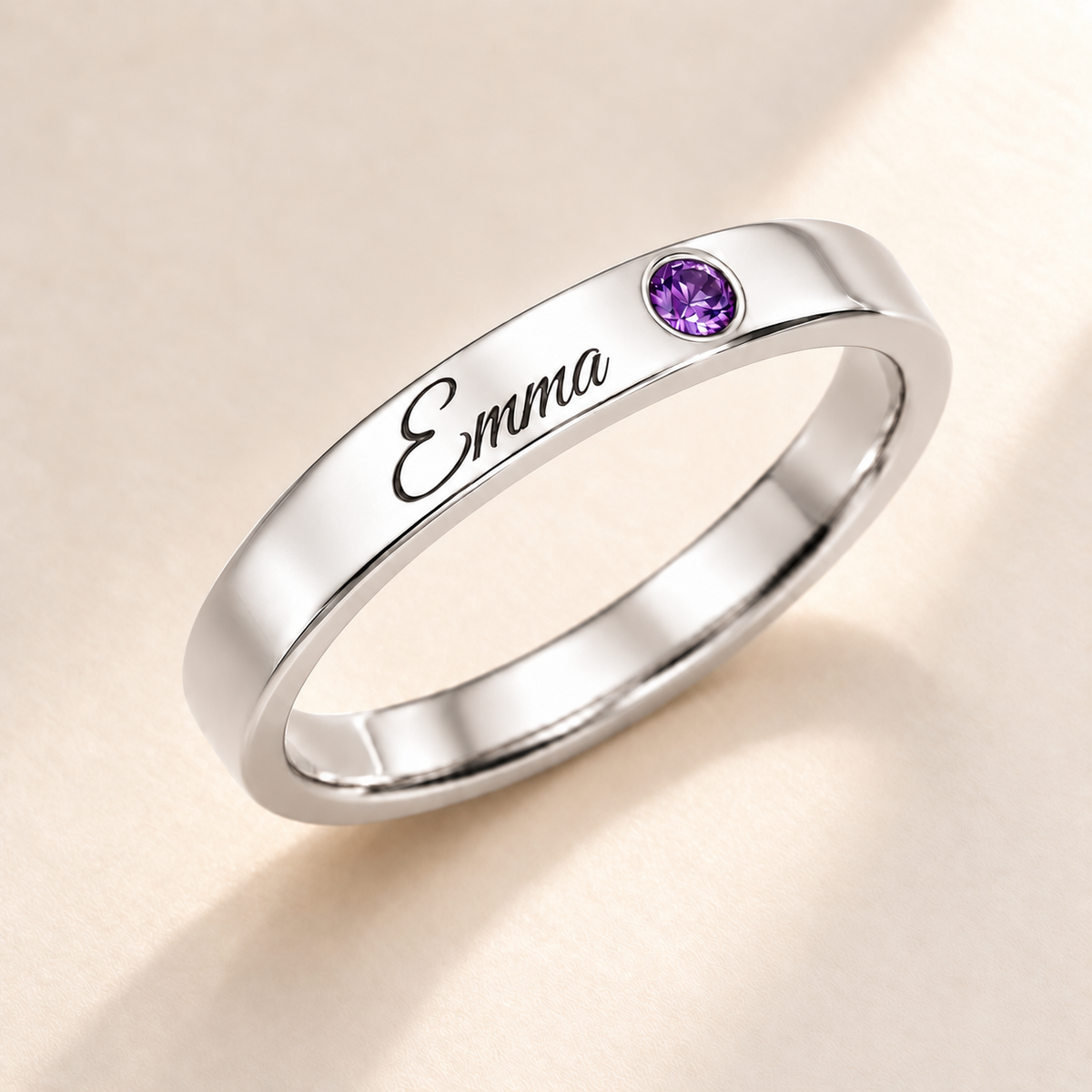 Name Ring with Birthstone (Classic Band) variant photo - silver february birthstone and Emma engraving Anthology Jewelry