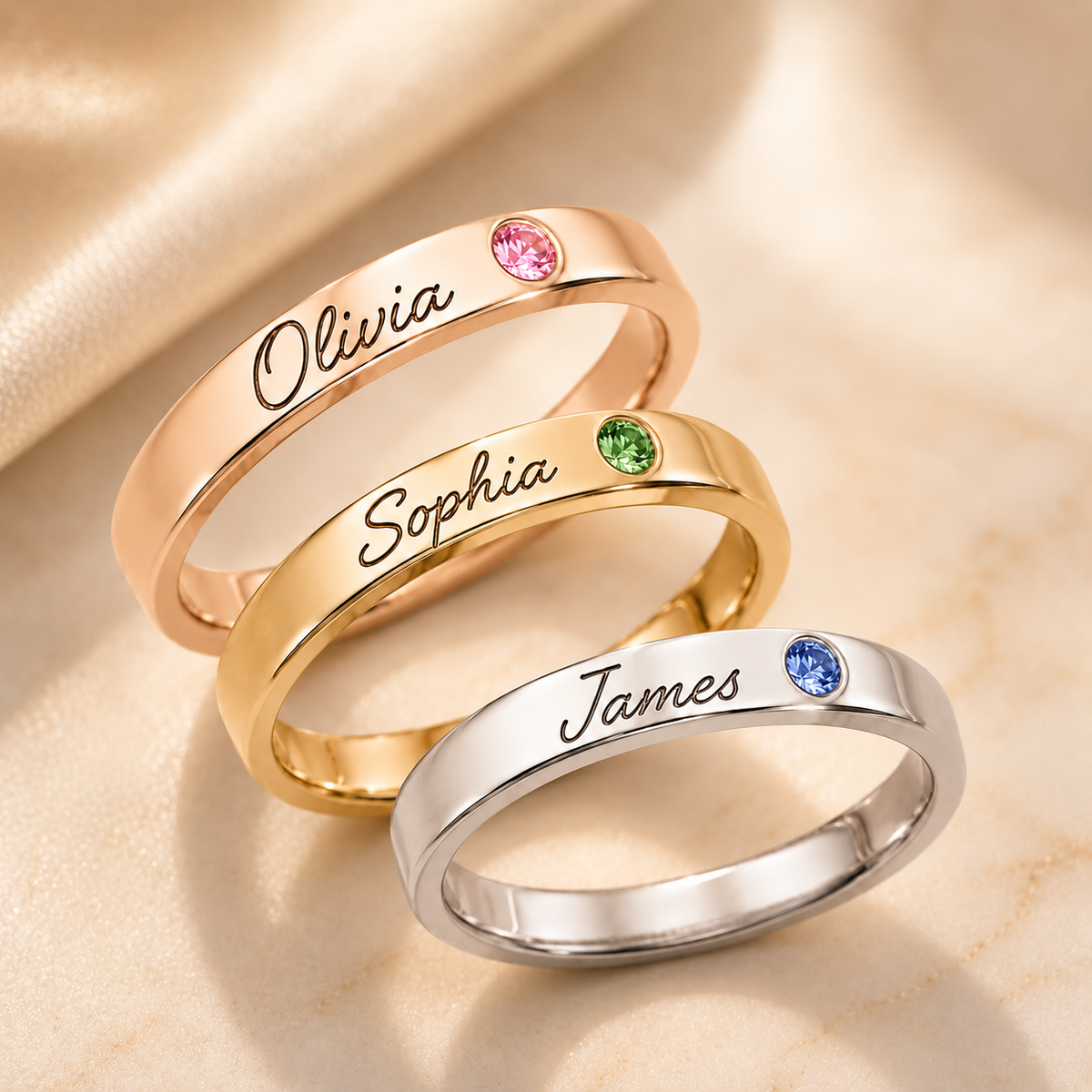 Name Ring with Birthstone (Classic Band) glamour photo - stacked rose gold, gold, and silver name rings with birthstones on cream silk Anthology Jewelry