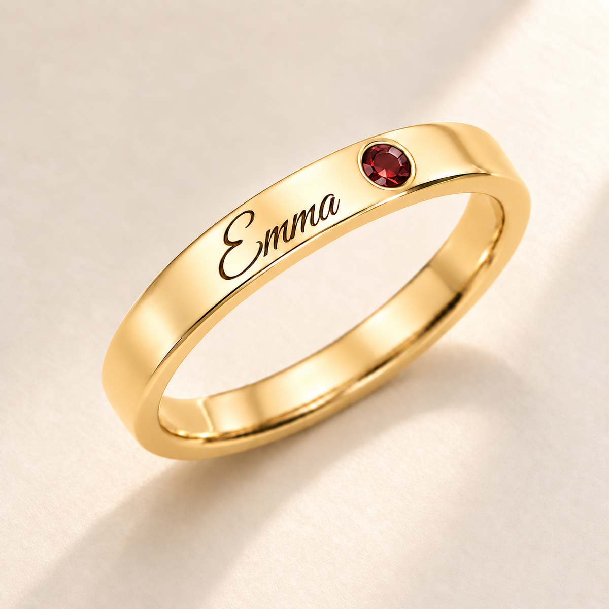 Name Ring with Birthstone (Classic Band) variant photo - gold january birthstone and Emma engraving Anthology Jewelry