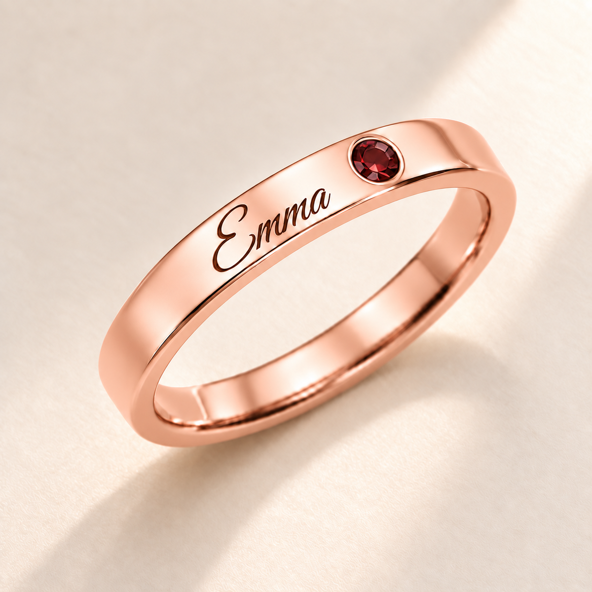 Name Ring with Birthstone (Classic Band) variant photo - rose gold january birthstone and Emma engraving Anthology Jewelry