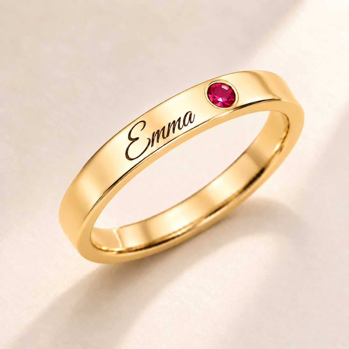 Name Ring with Birthstone (Classic Band) variant photo - gold july birthstone and Emma engraving Anthology Jewelry